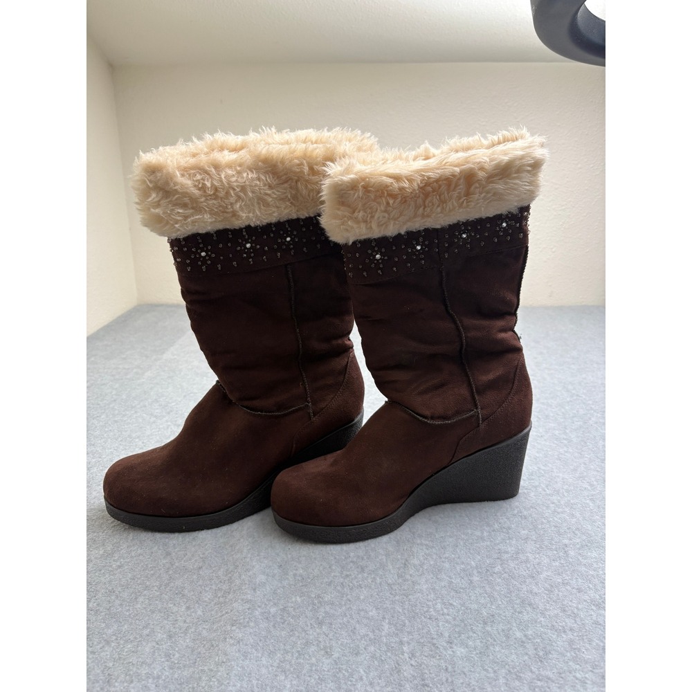 American Eagle Brown Faux Suede Wedge Boots Faux Fur Trim Rhinestone Size 12